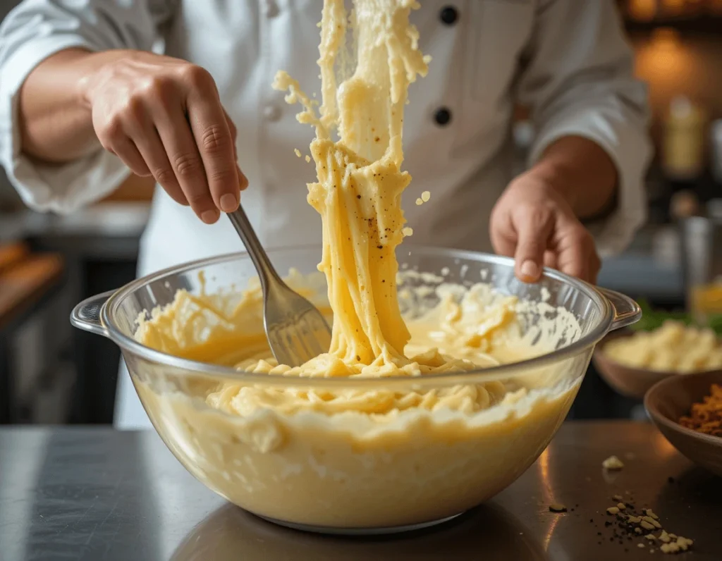 The Ultimate Guide to Spaghetti Carbonara: Ingredients, Recipe, and Secrets to Perfection 9 Chef mixing the creamy Carbonara sauce made of eggs, Pecorino Romano, and black pepper.