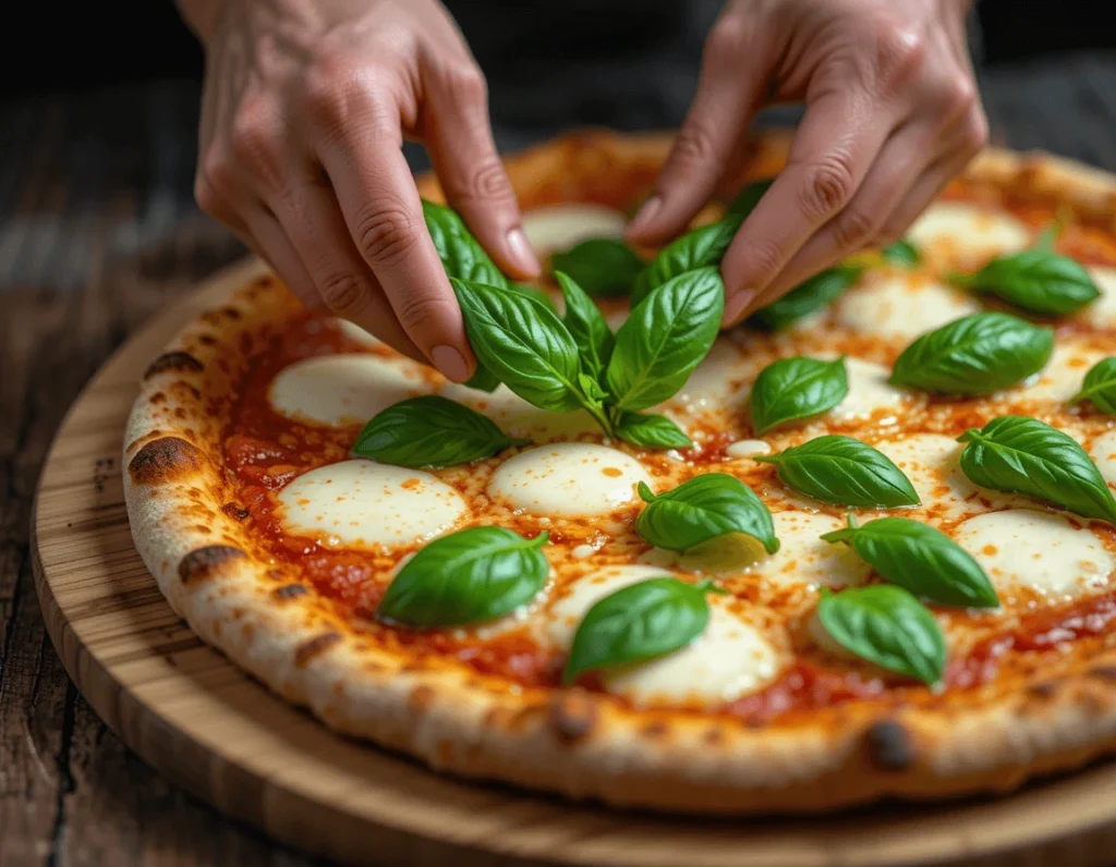 Discovering Margherita Pizza: A Timeless Classic 9 Chef’s hands placing fresh basil on a Margherita pizza on a wooden pizza peel.