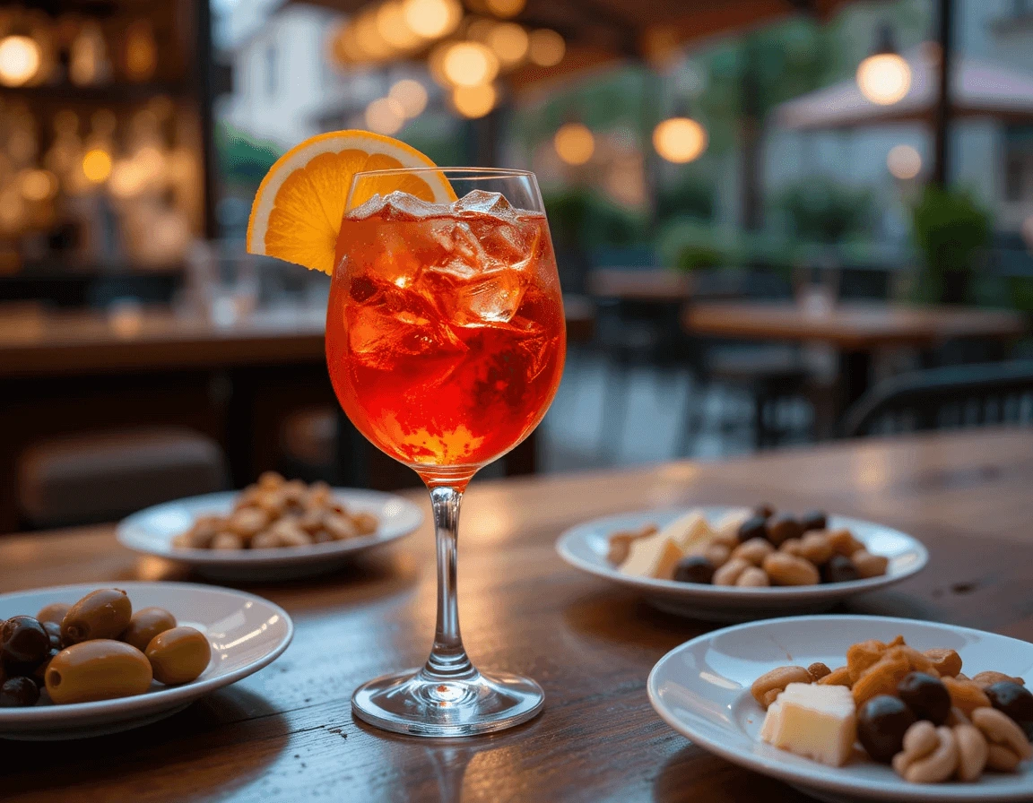 "aperol-spritz-perfect-glass-italy.jpg" "Aperol Spritz served in a large wine glass, garnished with orange slice, placed on a wooden bar counter with Italian appetizers."