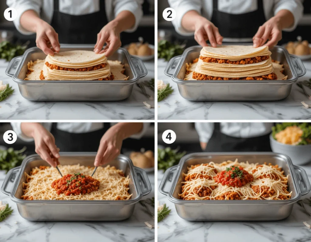 Mexican Lasagna Recipe: The Ultimate Guide to Making a Delicious, Flavorful Twist on the Classic Dish 11 Step-by-step process of assembling Mexican lasagna with tortillas, cheese, and taco-seasoned meat in a baking dish.