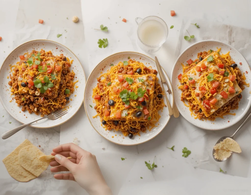 Taco Lasagna Recipe: A Delicious Fusion of Two Favorites 9 Three Taco Lasagna variations on separate plates: one with ground beef, one vegetarian with black beans, and one with chicken, garnished with cilantro and tomatoes.