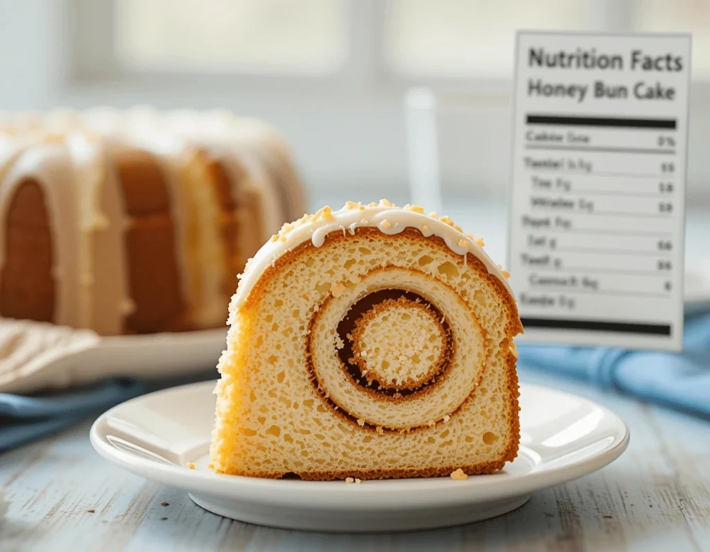 Honey Bun Cake – A Sweet and Simple Treat to Delight Your Taste Buds 9 A slice of Honey Bun Cake with cinnamon swirl and a nutrition label showing calorie information.