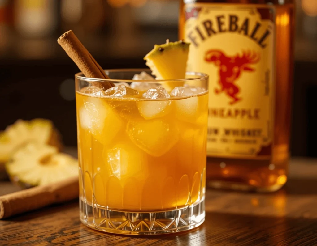 Pineapple Punch – A Sweet and Refreshing Drink for Every Occasion 9 A glass of Fireball whiskey and pineapple juice, garnished with a cinnamon stick and pineapple slice.