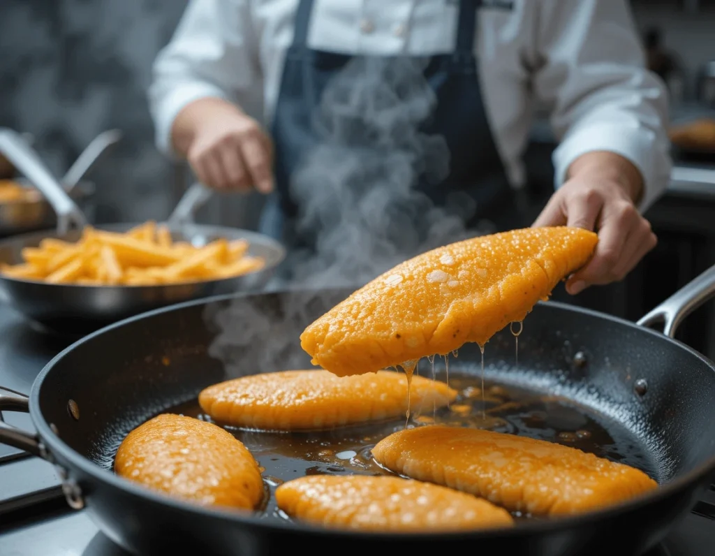 Fish & Chips: The Classic Dish with Global Variations 9 "Chef frying golden, crispy battered fish fillets with fries in a professional kitchen."