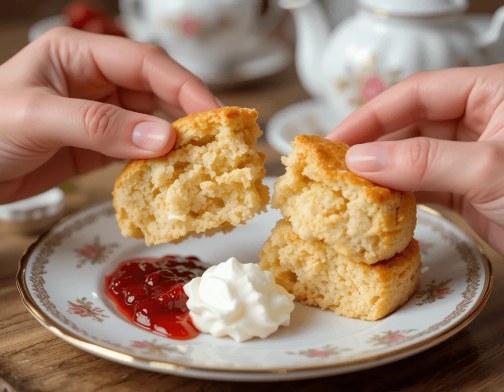 Afternoon Tea Scones: The Ultimate Guide to Making, Serving, and Enjoying Them 9 Breaking a warm scone in half with clotted cream and strawberry jam