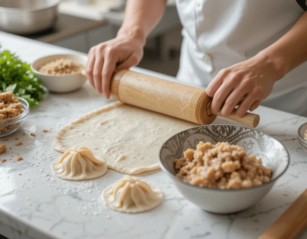 Pork Dumplings (Jiaozi): The Ultimate Guide to History, Filling, and Cooking Tips 9 Preparing Pork Dumplings (Jiaozi) with dough and filling in a kitchen