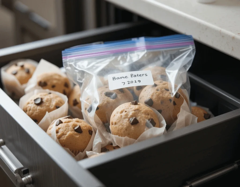 Banana Chocolate Chunk Muffins: The Ultimate Recipe for a Delicious Treat 8 Banana chocolate chunk muffins wrapped in parchment paper and stored in a freezer-safe bag.