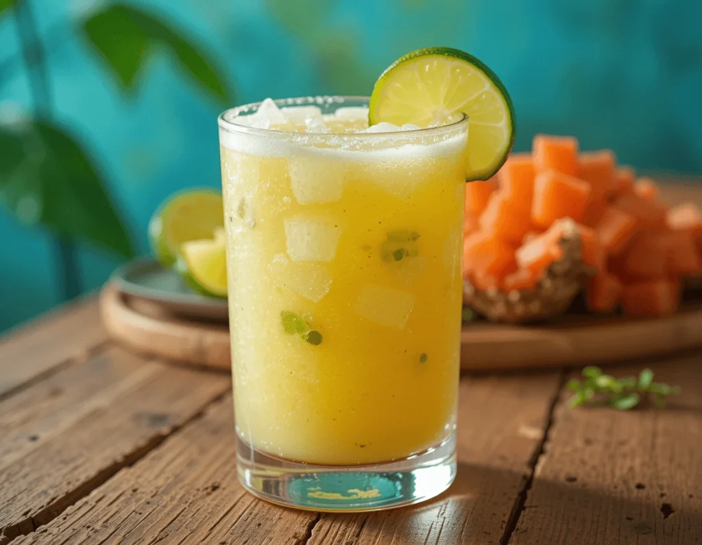 Best Brazilian Mounjaro Recipe – 3 Ingredients for a Refreshing Drink 7 Brazilian Mounjaro served in a chilled glass with a tropical fruit platter.