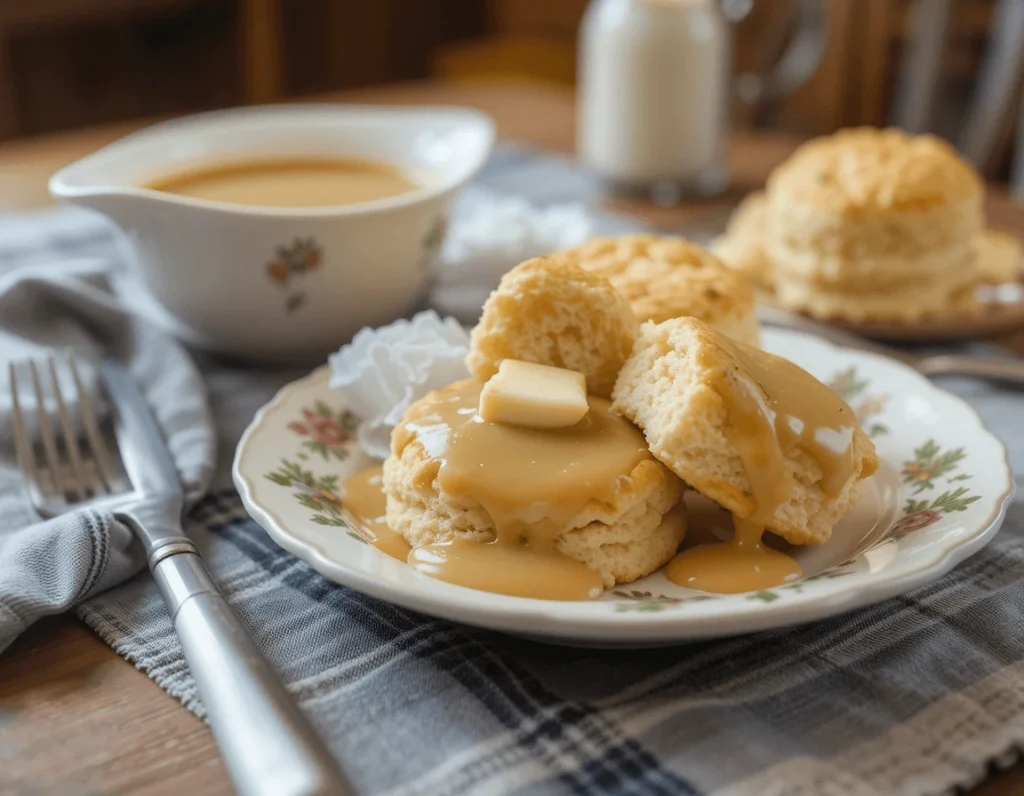 Buttermilk Drop Biscuits: The Perfect Light and Fluffy Biscuit Recipe 9 Buttermilk drop biscuits served with gravy and butter.