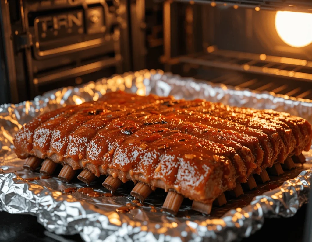 Barbecue Country Style Ribs: The Ultimate Guide to Delicious Grilling and Cooking Techniques 9 Country style ribs wrapped in aluminum foil on a baking sheet, ready to go into the oven.
