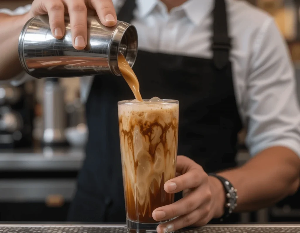 Iced Brown Sugar Shaken Espresso: The Ultimate Guide to This Trendy Drink 9 Barista Shaking Cocktail Shaker with Iced Brown Sugar Shaken Espresso