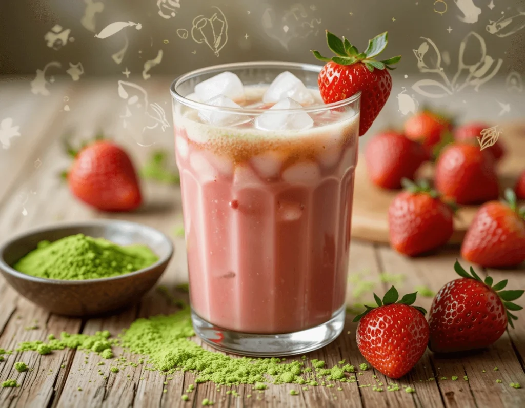 The Ultimate Guide to Strawberry Matcha Latte (Iced) 9 Close-up of a Strawberry Matcha Latte (Iced) with matcha powder and fresh strawberries scattered around, highlighting its health benefits.