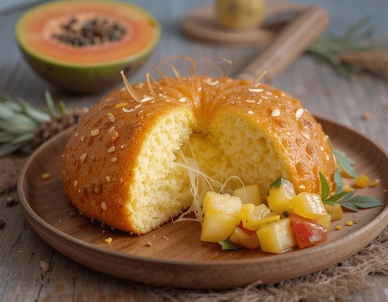 Ultimate Guide to the Brazilian Mounjaro Recipe with Just 3 Ingredients 7 Hot Brazilian Mounjaro recipe being torn apart, revealing the melty cheese inside, with a side of coffee.