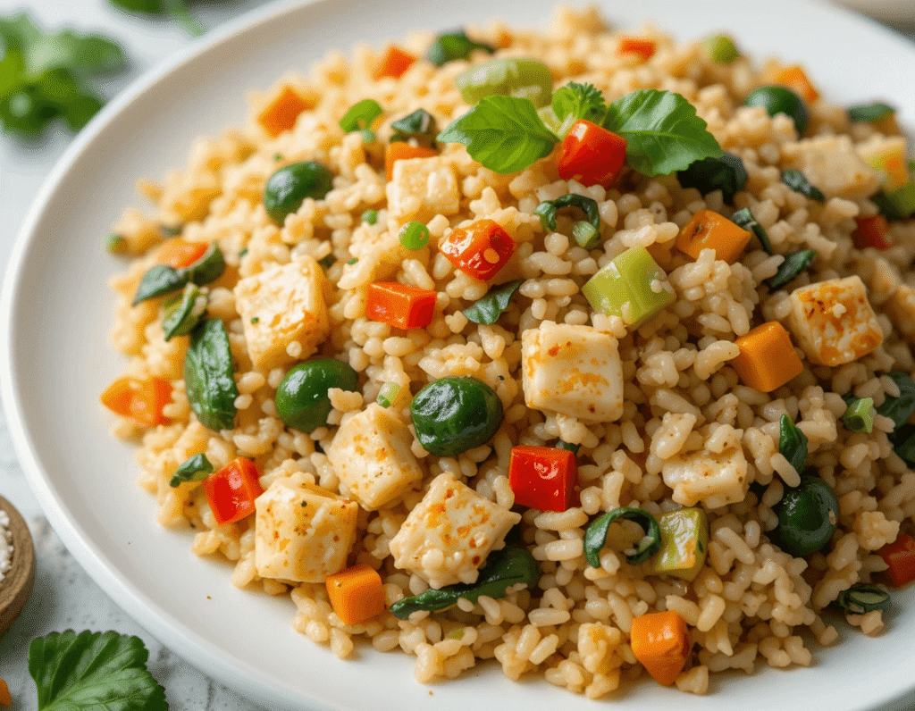 Egg Fried Rice: The Ultimate Guide to Perfecting This Delicious Dish 11 Healthy egg fried rice with colorful vegetables like bell peppers, spinach, carrots, and lean protein such as chicken or tofu.