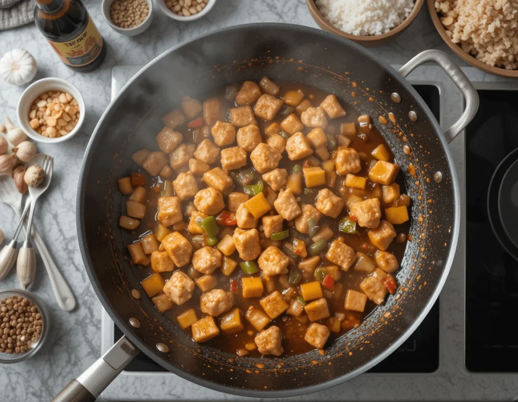 The Ultimate Guide to Kung Pao Chicken: A Flavorful Chinese Delight 10 Stir-frying chicken, vegetables, and peanuts in a wok for Kung Pao Chicken.