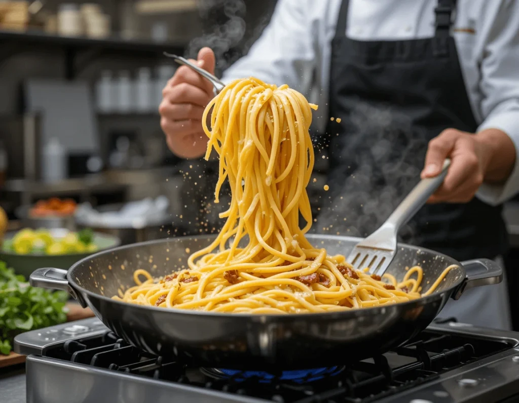 The Ultimate Guide to Spaghetti Carbonara: Ingredients, Recipe, and Secrets to Perfection 10 Chef tossing hot Spaghetti Carbonara in a skillet with guanciale and creamy egg-based sauce.