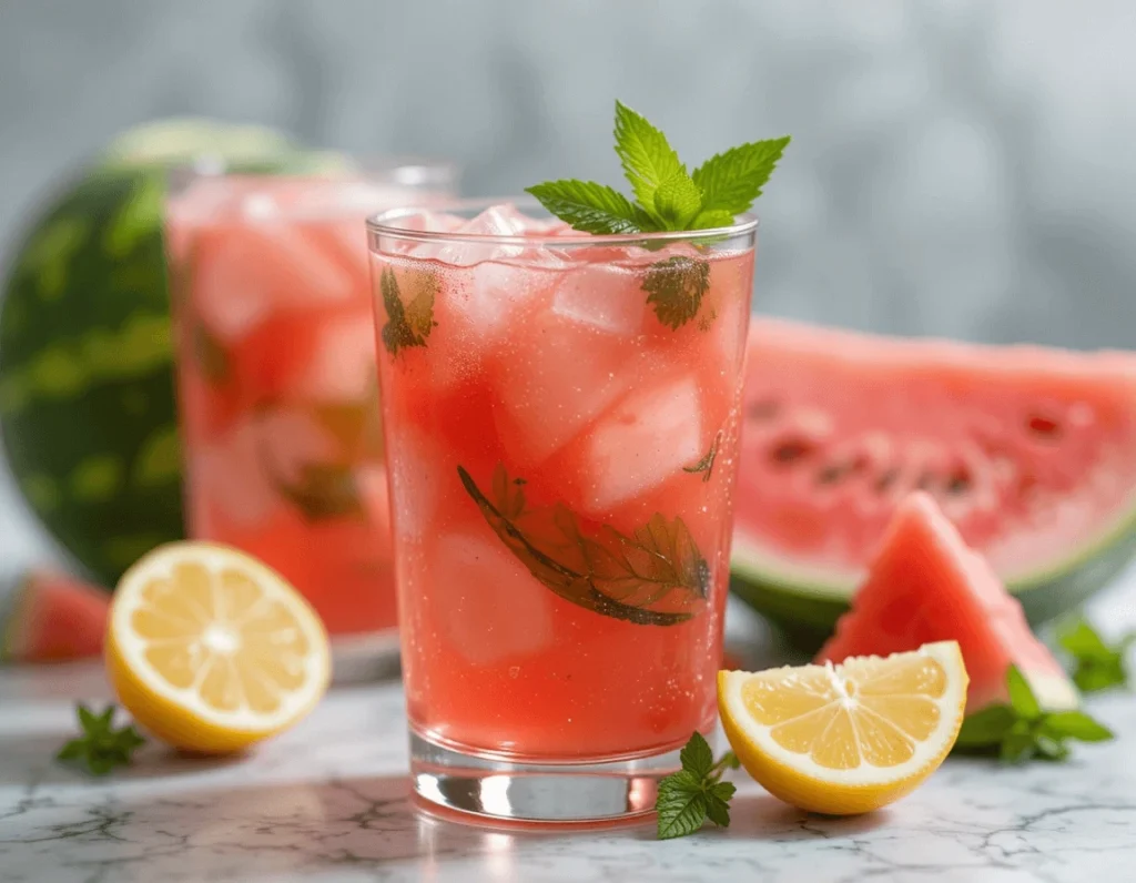 Watermelon Mint Lemonade - The Ultimate Summer Refreshment Recipe 10 A refreshing glass of watermelon mint lemonade with fresh mint, watermelon slices, and lemon wedges, highlighting the healthy ingredients.