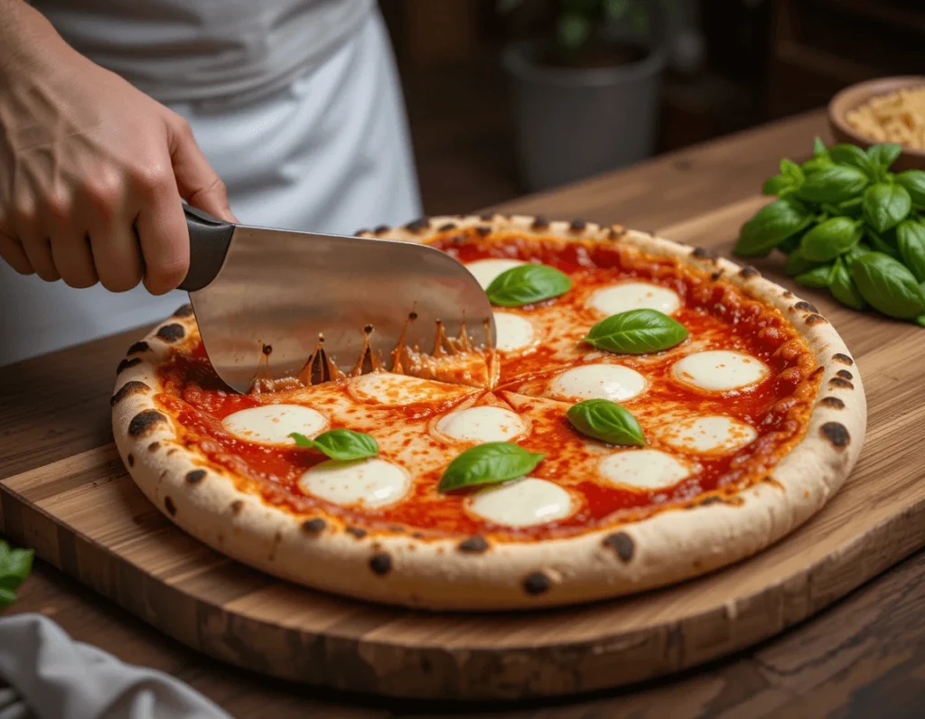 Discovering Margherita Pizza: A Timeless Classic 10 Chef slicing a freshly baked Margherita pizza on a wooden cutting board with a pizza cutter.