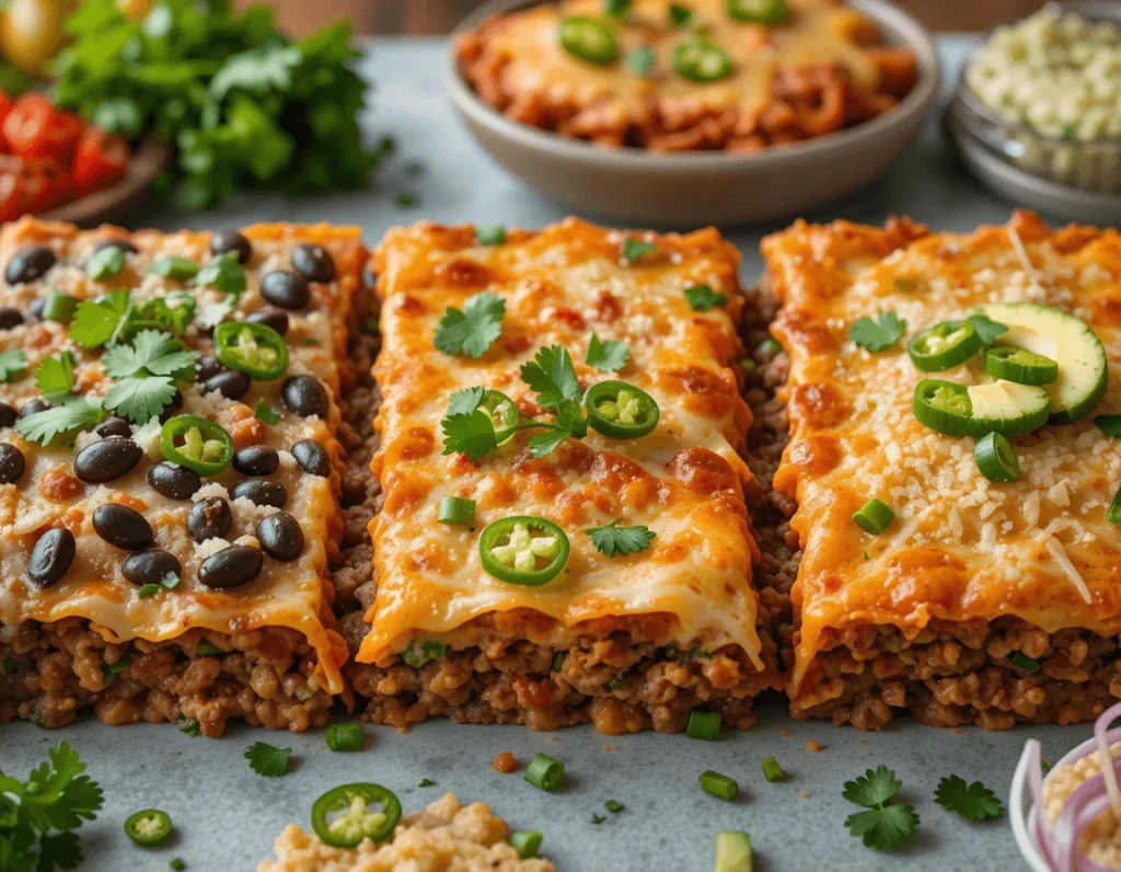 Mexican Lasagna Recipe: The Ultimate Guide to Making a Delicious, Flavorful Twist on the Classic Dish 12 Three variations of Mexican lasagna: vegetarian, spicy, and classic, topped with fresh garnishes.