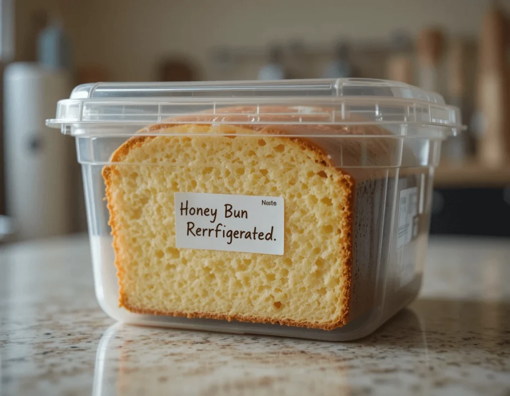 Honey Bun Cake – A Sweet and Simple Treat to Delight Your Taste Buds 10 Honey Bun Cake slice in a plastic container labeled 'Keep Refrigerated' on a kitchen counter.
