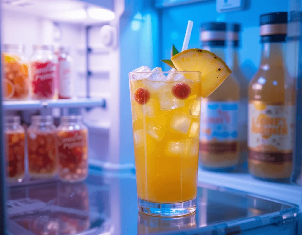 Pineapple Punch – A Sweet and Refreshing Drink for Every Occasion 10 Pineapple Punch served in a glass inside a refrigerator with ice and fruit garnish.