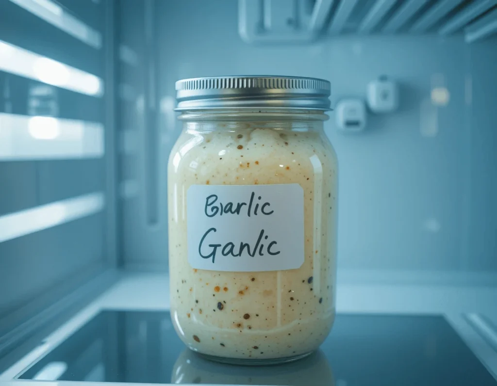 Creamy Garlic Salad Dressing: The Ultimate Guide to Making a Perfectly Delicious Dressing for Every Salad 10 Homemade creamy garlic salad dressing stored in a glass jar in the refrigerator.