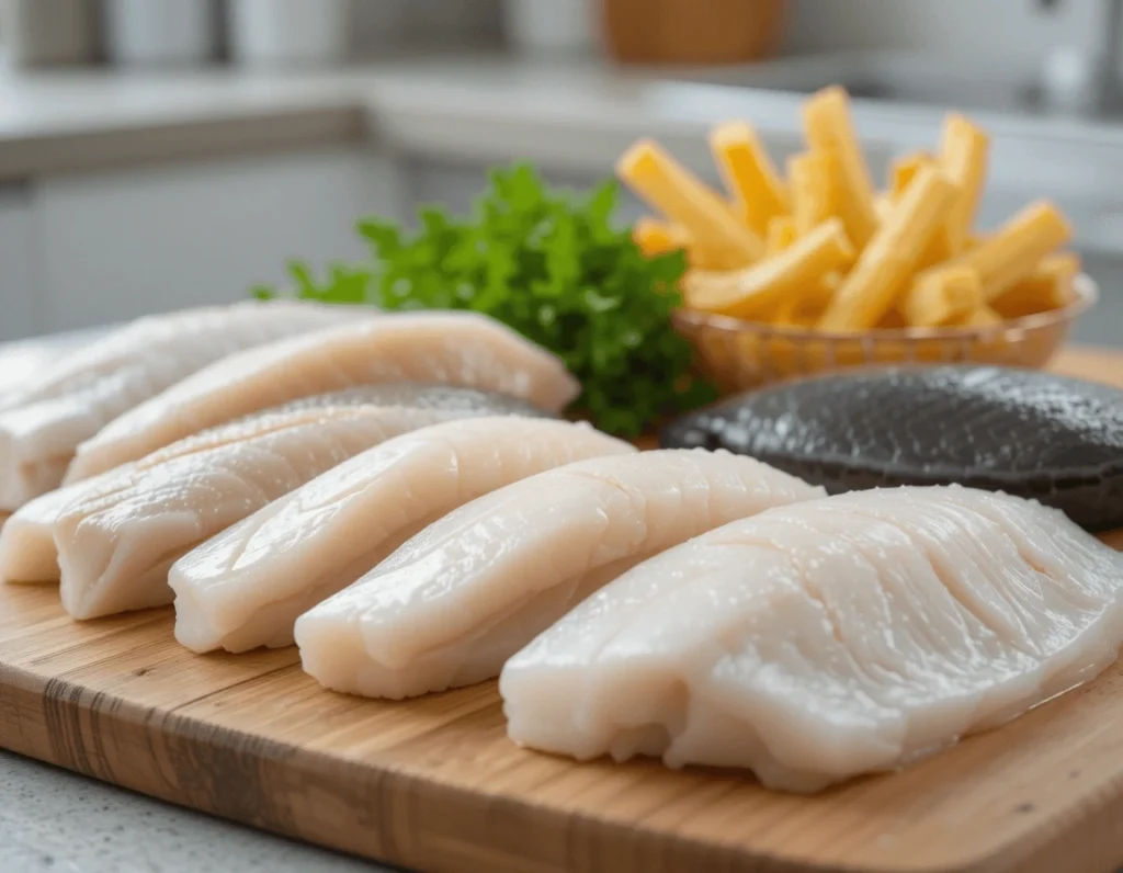 Fish & Chips: The Classic Dish with Global Variations 10 "A selection of fresh fish fillets suitable for Fish & Chips, including cod, haddock, and pollock."