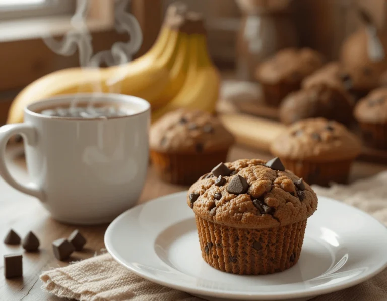 Banana Chocolate Chunk Muffins: The Ultimate Recipe for a Delicious Treat 9 A steaming cup of coffee with a banana chocolate chip muffin on a plate, surrounded by bananas and muffins on a wooden table.