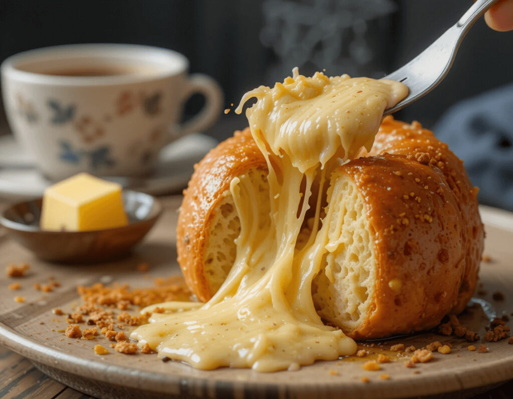 Ultimate Guide to the Brazilian Mounjaro Recipe with Just 3 Ingredients 6 Hot Brazilian Mounjaro being torn apart, revealing the melty cheese inside, with a side of coffee.