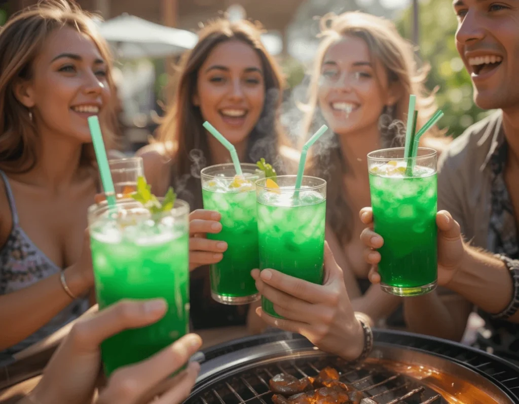 Best Brazilian Mounjaro Recipe – 3 Ingredients for a Refreshing Drink 8 Friends enjoying Brazilian Mounjaro drinks at an outdoor BBQ gathering.