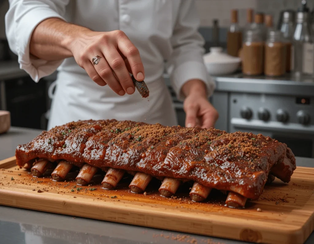 Barbecue Country Style Ribs: The Ultimate Guide to Delicious Grilling and Cooking Techniques 10 Chef applying a dry rub to country style ribs on a cutting board, with seasoning visible.