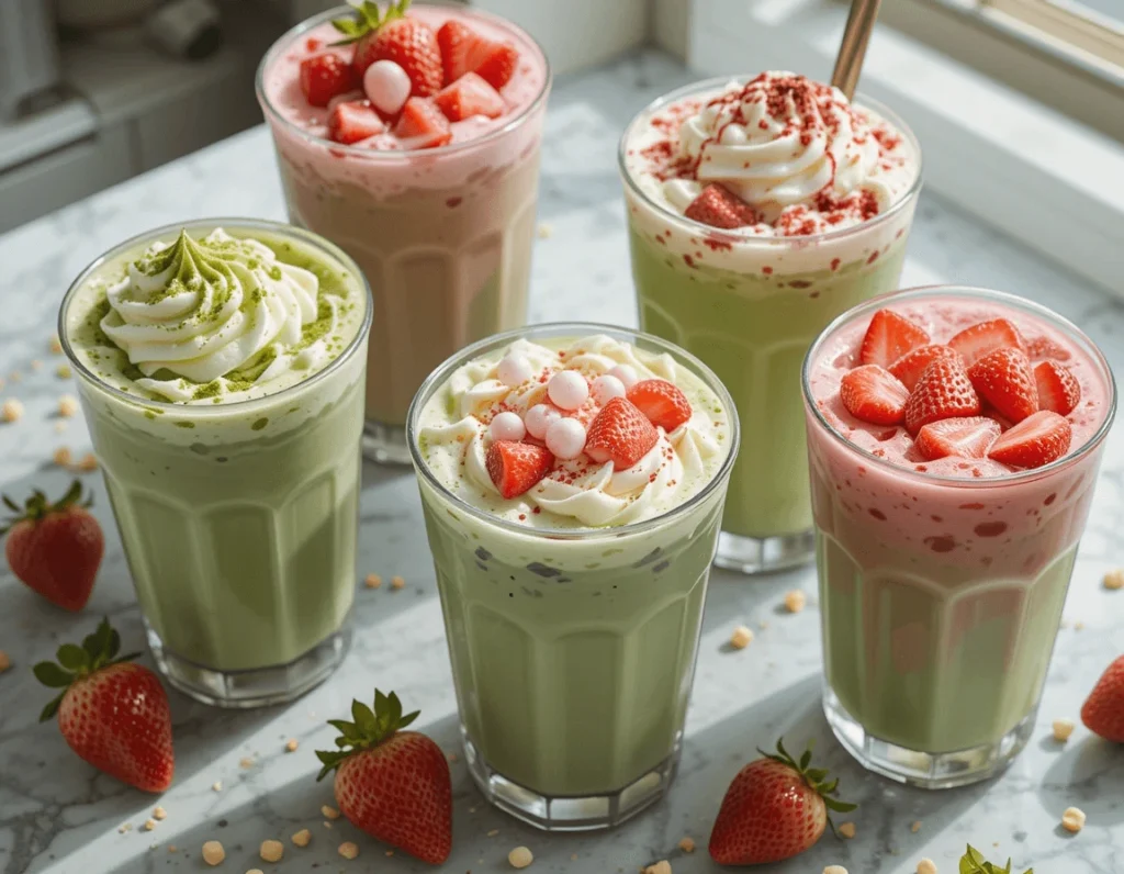 The Ultimate Guide to Strawberry Matcha Latte (Iced) 10 Multiple variations of Strawberry Matcha Latte (Iced) with different toppings like whipped cream, matcha powder, and boba pearls."