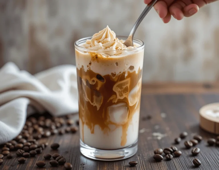 Dalgona Iced Coffee (Whipped Coffee): A Complete Guide 11 Hand placing whipped Dalgona coffee on top of iced milk, highlighting the careful preparation process