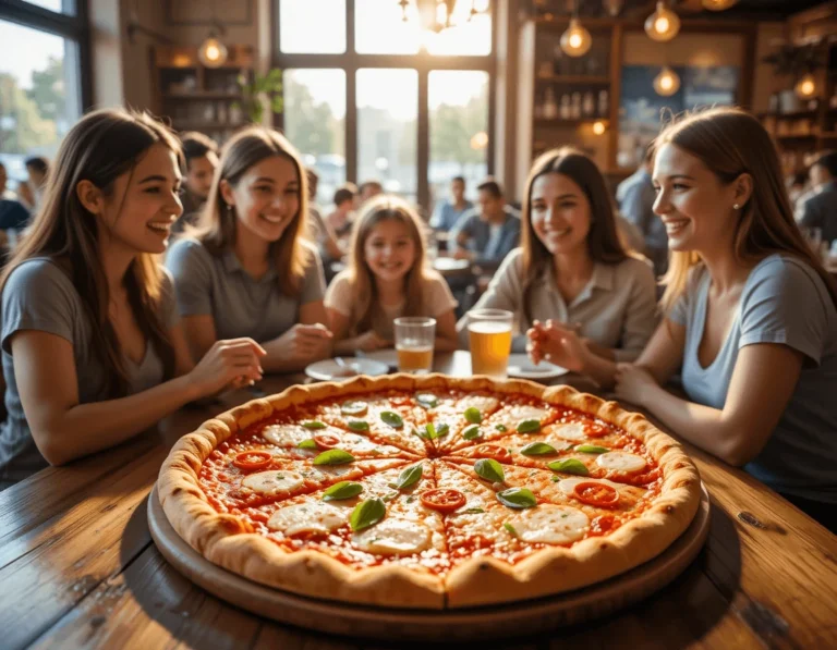 Discovering Margherita Pizza: A Timeless Classic 11 Family enjoying Margherita pizza at a pizzeria, with a wooden table and natural lighting.