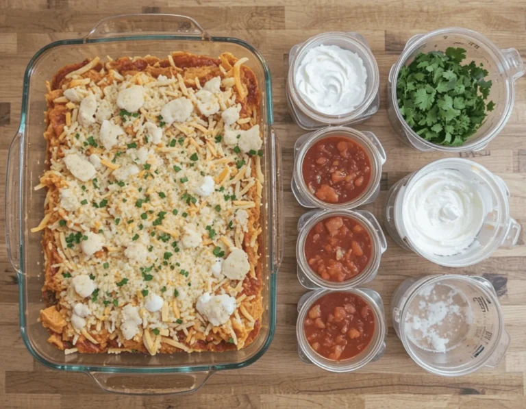 Taco Lasagna Recipe: A Delicious Fusion of Two Favorites 11 Taco Lasagna pre-assembled in a glass baking dish, ready for meal prepping with salsa, sour cream, and cilantro in small containers.