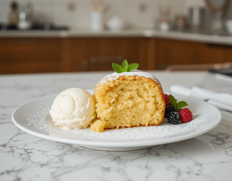 Honey Bun Cake – A Sweet and Simple Treat to Delight Your Taste Buds 11 Plated slice of Honey Bun Cake with vanilla ice cream and mint, garnished with berries.