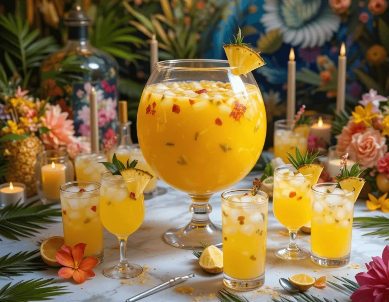 Pineapple Punch – A Sweet and Refreshing Drink for Every Occasion 11 Pineapple Punch served in a large punch bowl with fruit garnishes and glasses around it.