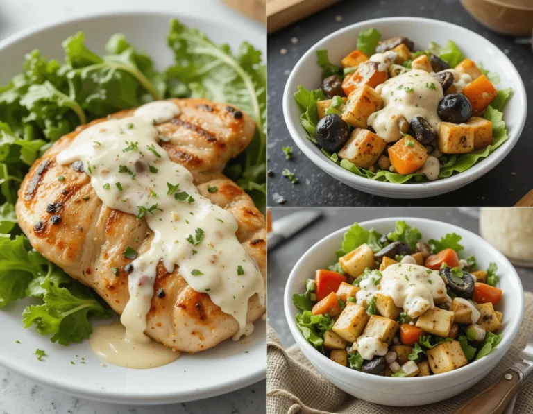 Creamy Garlic Salad Dressing: The Ultimate Guide to Making a Perfectly Delicious Dressing for Every Salad 11 Grilled chicken with creamy garlic dressing, roasted vegetables with dip, and salad with dressing.