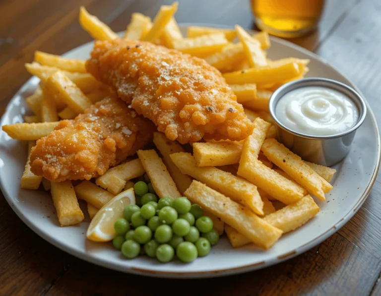 Fish & Chips: The Classic Dish with Global Variations 11 "Plate of Fish & Chips served with tartar sauce, lemon wedges, mushy peas, and crispy fries."