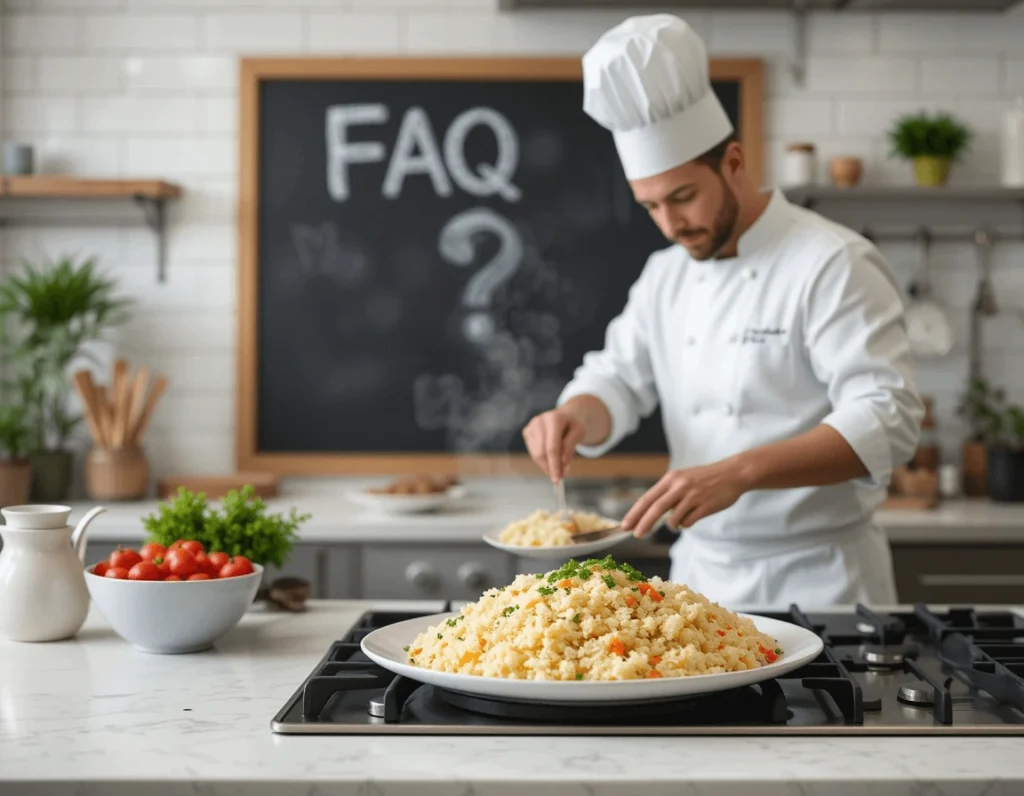 Egg Fried Rice: The Ultimate Guide to Perfecting This Delicious Dish 12 Chef preparing egg fried rice in a kitchen with a question mark symbol in the background representing FAQs.
