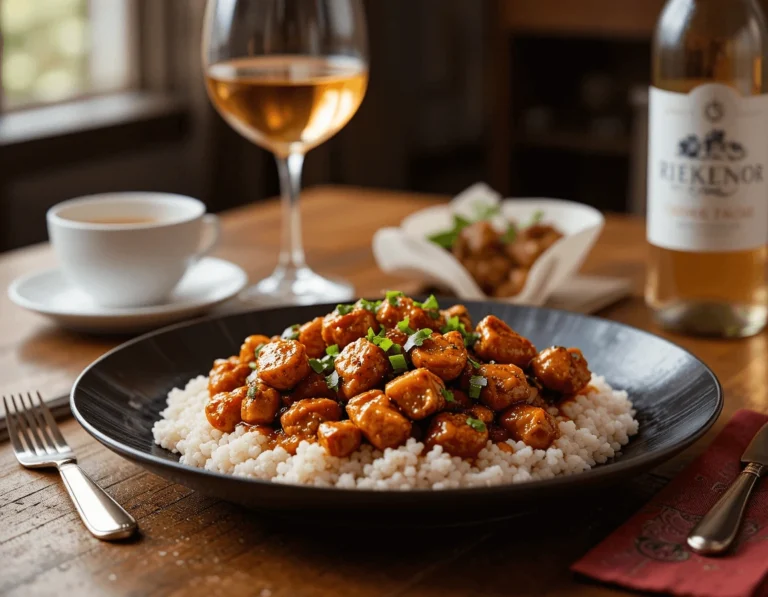 The Ultimate Guide to Kung Pao Chicken: A Flavorful Chinese Delight 11 Kung Pao Chicken served with Riesling wine, Jasmine tea, and a light beer on a dining table.