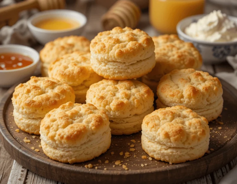 Buttermilk Drop Biscuits: The Perfect Light and Fluffy Biscuit Recipe 11 Fresh buttermilk drop biscuits with honey, jam, and butter on a rustic tray.