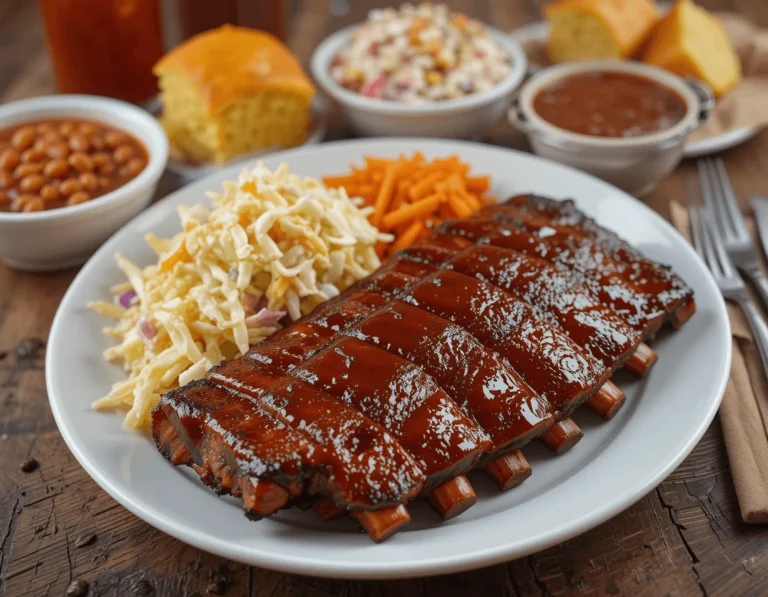 Barbecue Country Style Ribs: The Ultimate Guide to Delicious Grilling and Cooking Techniques 11 Barbecue country style ribs served with sides of coleslaw, baked beans, and cornbread on a rustic wooden table.