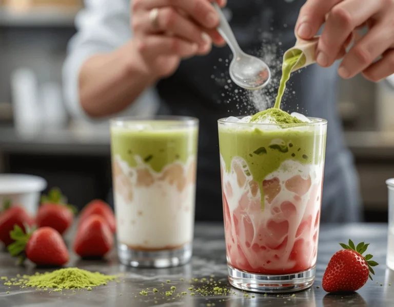 The Ultimate Guide to Strawberry Matcha Latte (Iced) 11 Professional kitchen scene showing the correct and incorrect preparation of a Strawberry Matcha Latte (Iced), with clumpy matcha and a well-made drink.