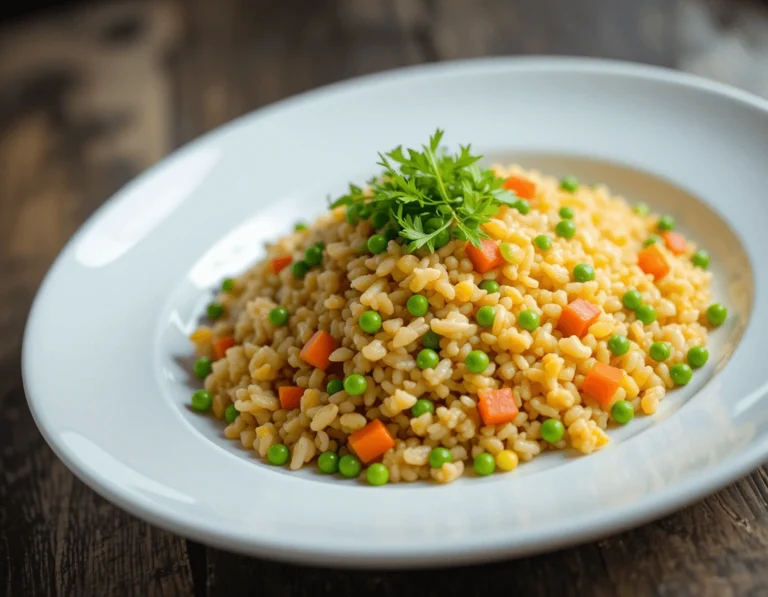 Egg Fried Rice: The Ultimate Guide to Perfecting This Delicious Dish 13 A mouthwatering plate of egg fried rice with fresh ingredients, including egg, green onions, and vegetables, served with a garnish and professional plating.