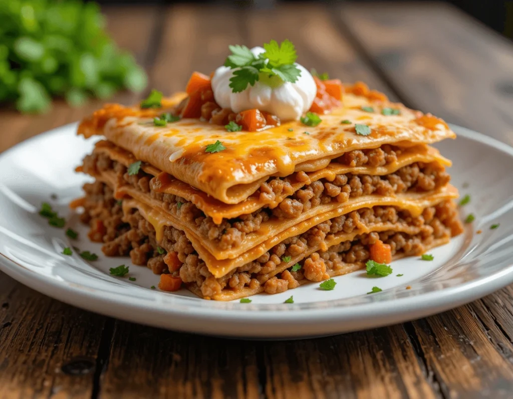 Mexican Lasagna Recipe: The Ultimate Guide to Making a Delicious, Flavorful Twist on the Classic Dish 8 Mexican Lasagna Recipe with layers of tortillas, taco-seasoned meat, cheese, and salsa.