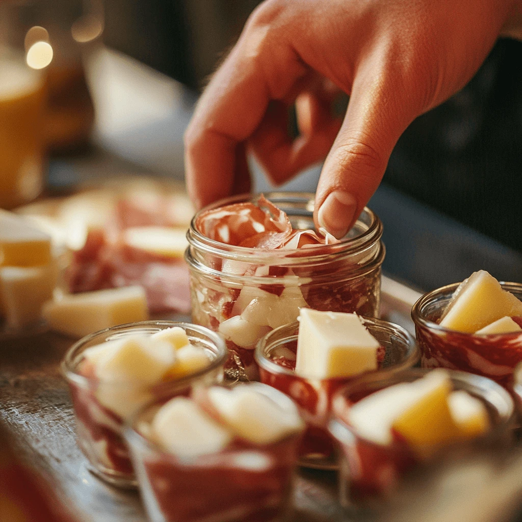 Create the Perfect Individual Charcuterie Cups: A Complete Guide 8 "Assembling individual charcuterie cups with prosciutto and cheese slices placed into mason jars."