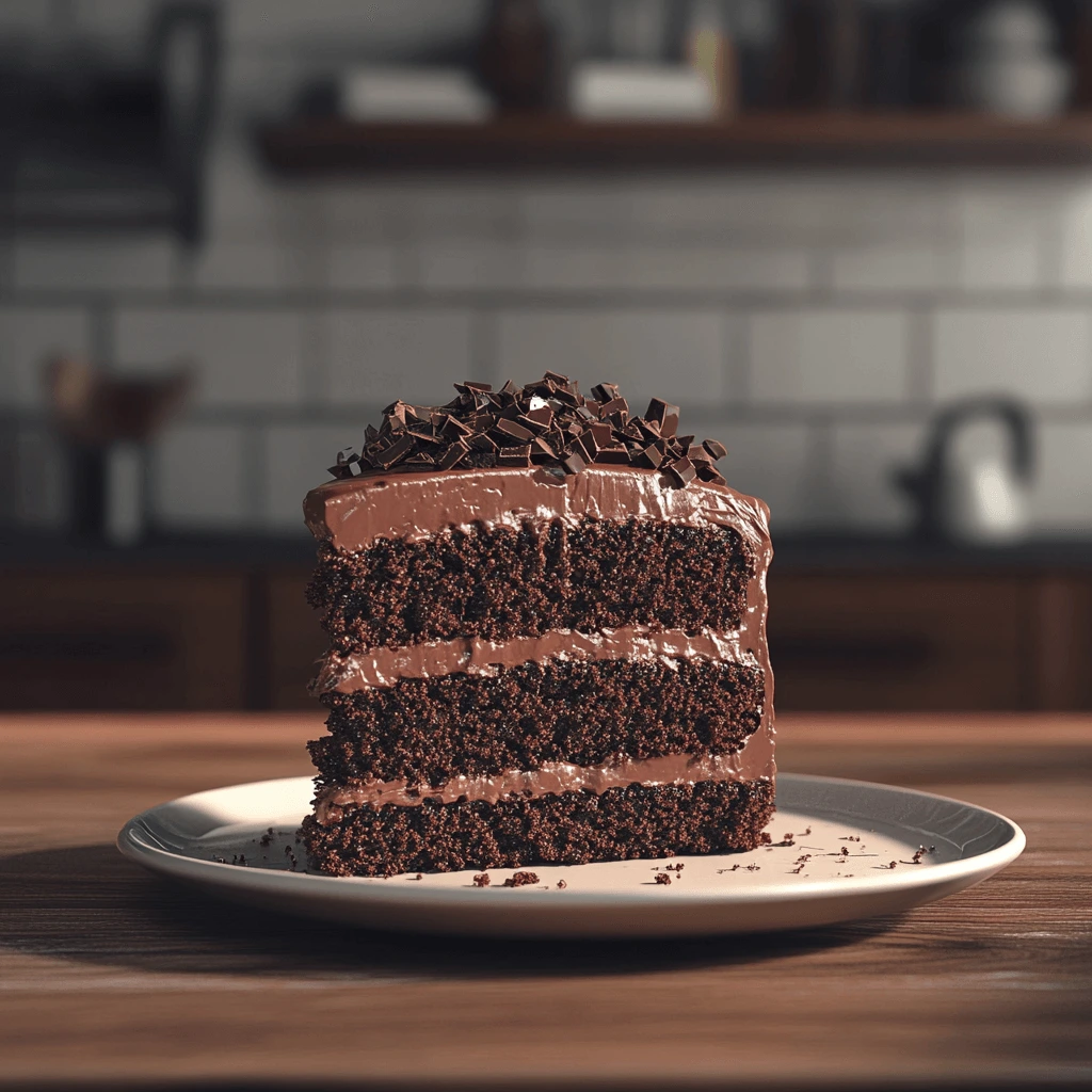 The Best Chocolate Cake Recipe: How to Bake the Most Moist and Delicious Cake 6 "Slice of moist chocolate cake with rich chocolate frosting and chunks of chocolate on top."