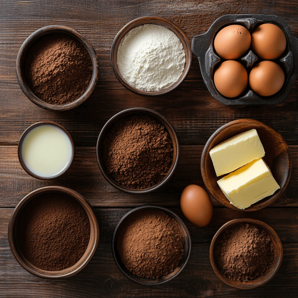 "chocolate-cake-ingredients-cocoa-flour-eggs-butter" "Ingredients for chocolate cake including cocoa powder, flour, eggs, milk, and butter."