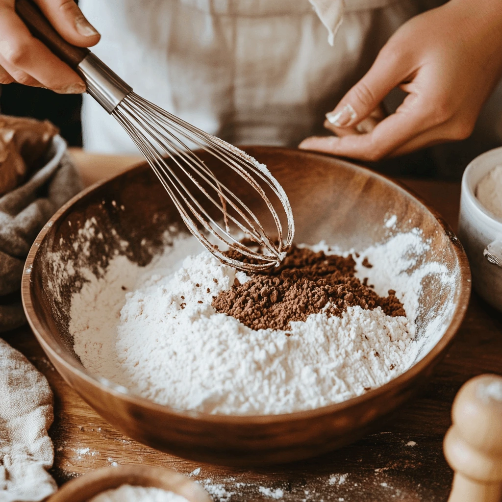 The Best Chocolate Cake Recipe: How to Bake the Most Moist and Delicious Cake 5 "Whisking cocoa powder and flour together for a chocolate cake recipe."
